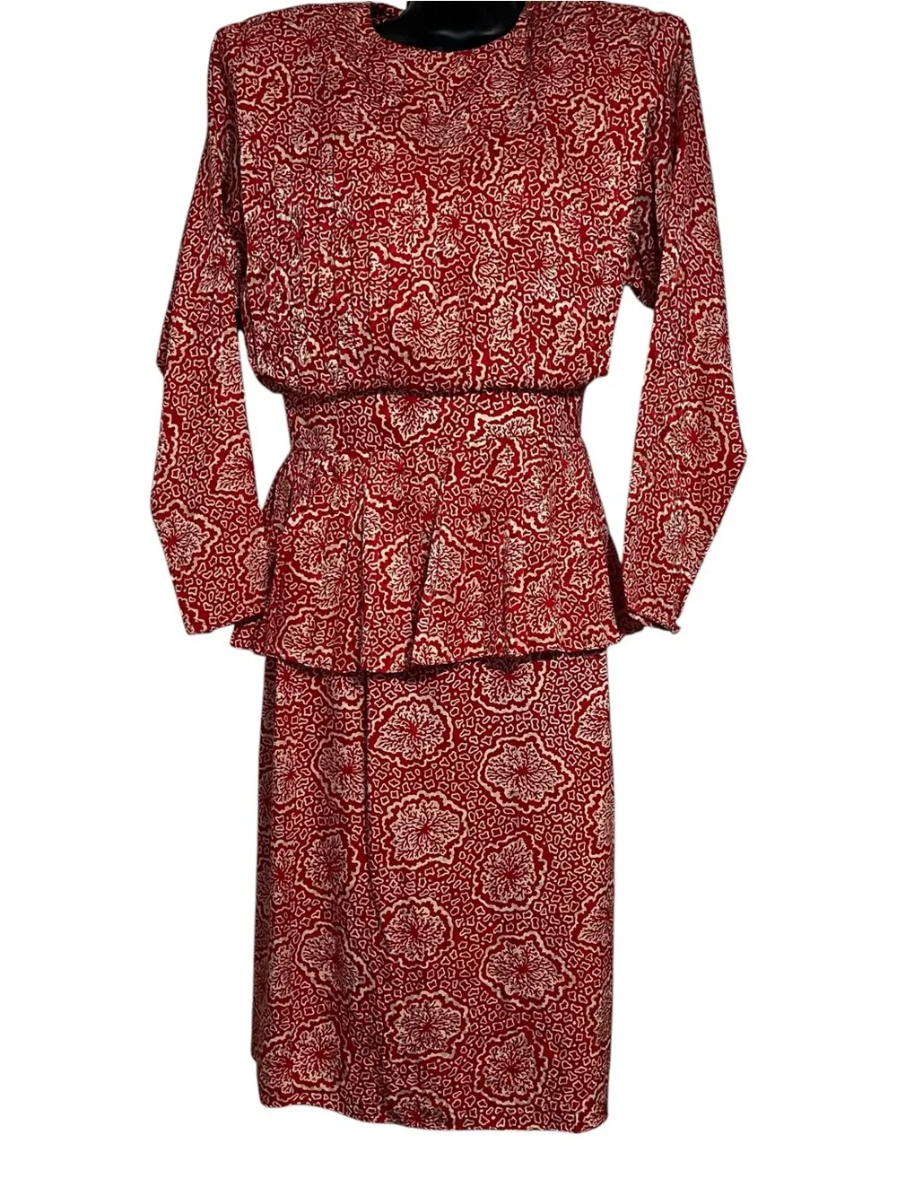 Vintage Raul Blanco Silk Dress Red Cream Print Size 8 Pleated Bodice Long Sleeve